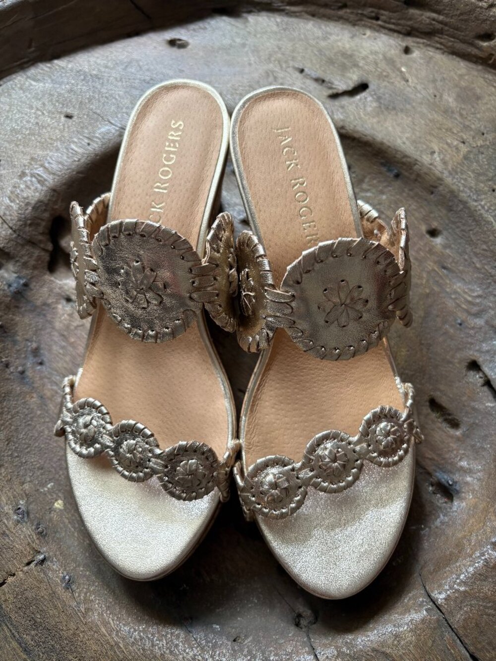 Jack Rogers Laurin gold leather cork wedge sandals women's 8.5 NEW summer vacay